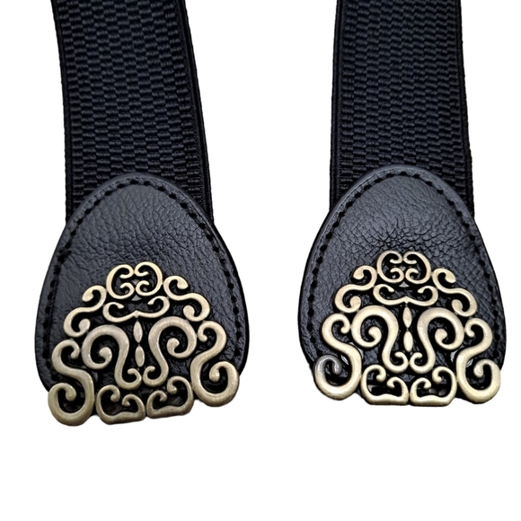 Black gold floral buckle faux leather corset boho stretch waist statement belt - Picture 10 of 12